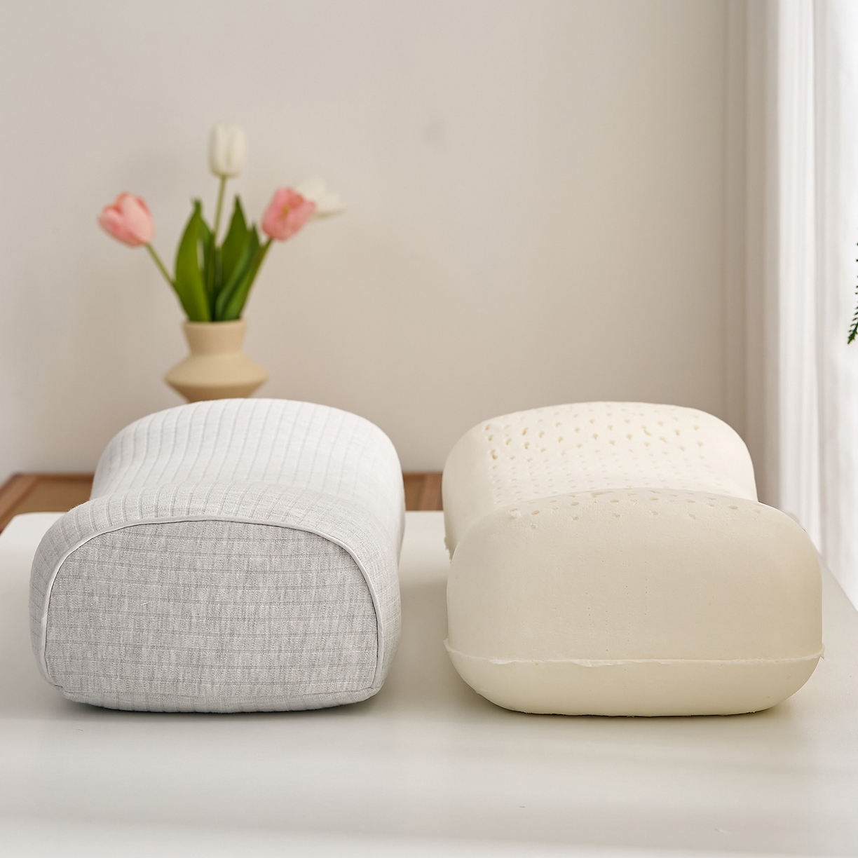 91家纺网 家纺一手货源 找家纺 乐可 2025新款条纹乳胶便携枕头枕芯抱枕午睡枕露营枕 条纹乳胶便携枕-XT3浅灰