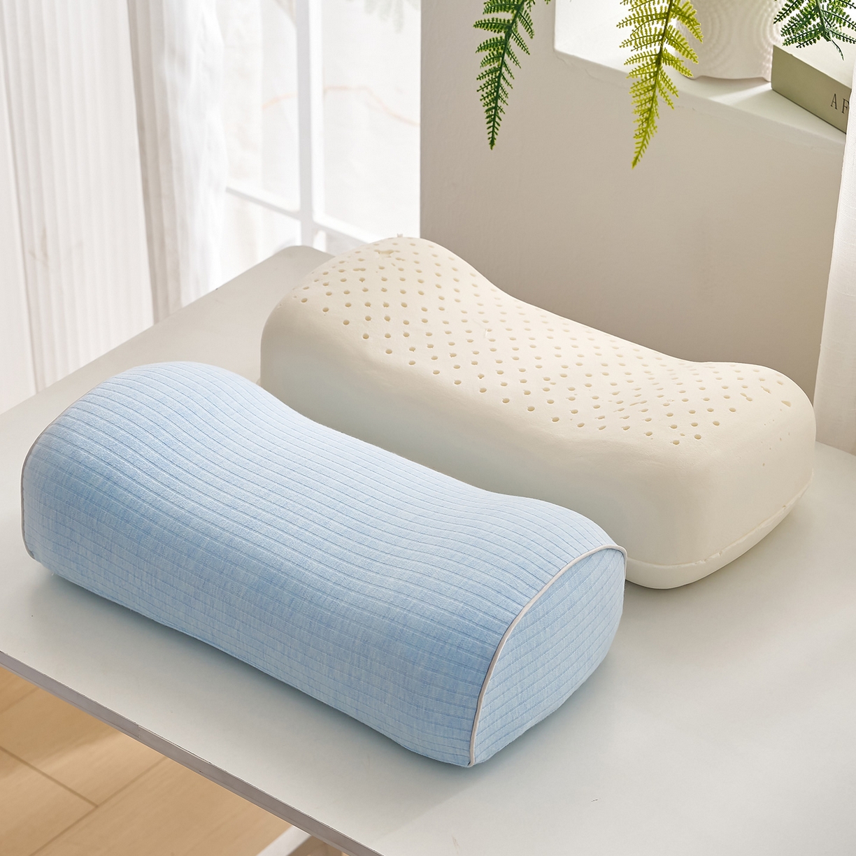 91家纺网 家纺一手货源 找家纺 乐可 2025新款条纹乳胶便携枕头枕芯抱枕午睡枕露营枕 条纹乳胶便携枕-XT3浅蓝