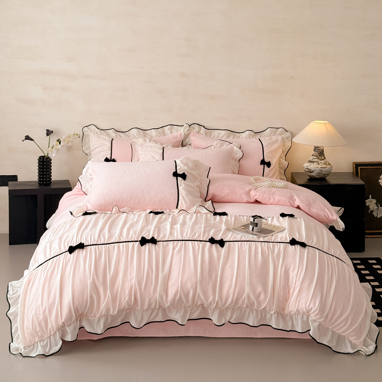 米可 2025新款牛奶绒蕾丝花边四件套韩版法式公主风四件套~  安琪儿系列 安琪儿~粉