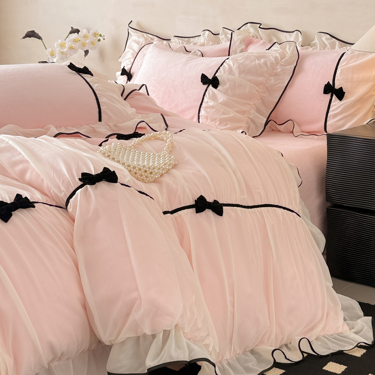 91家纺网 家纺一手货源 找家纺 米可 2025新款牛奶绒蕾丝花边四件套韩版法式公主风四件套~  安琪儿系列 安琪儿~粉