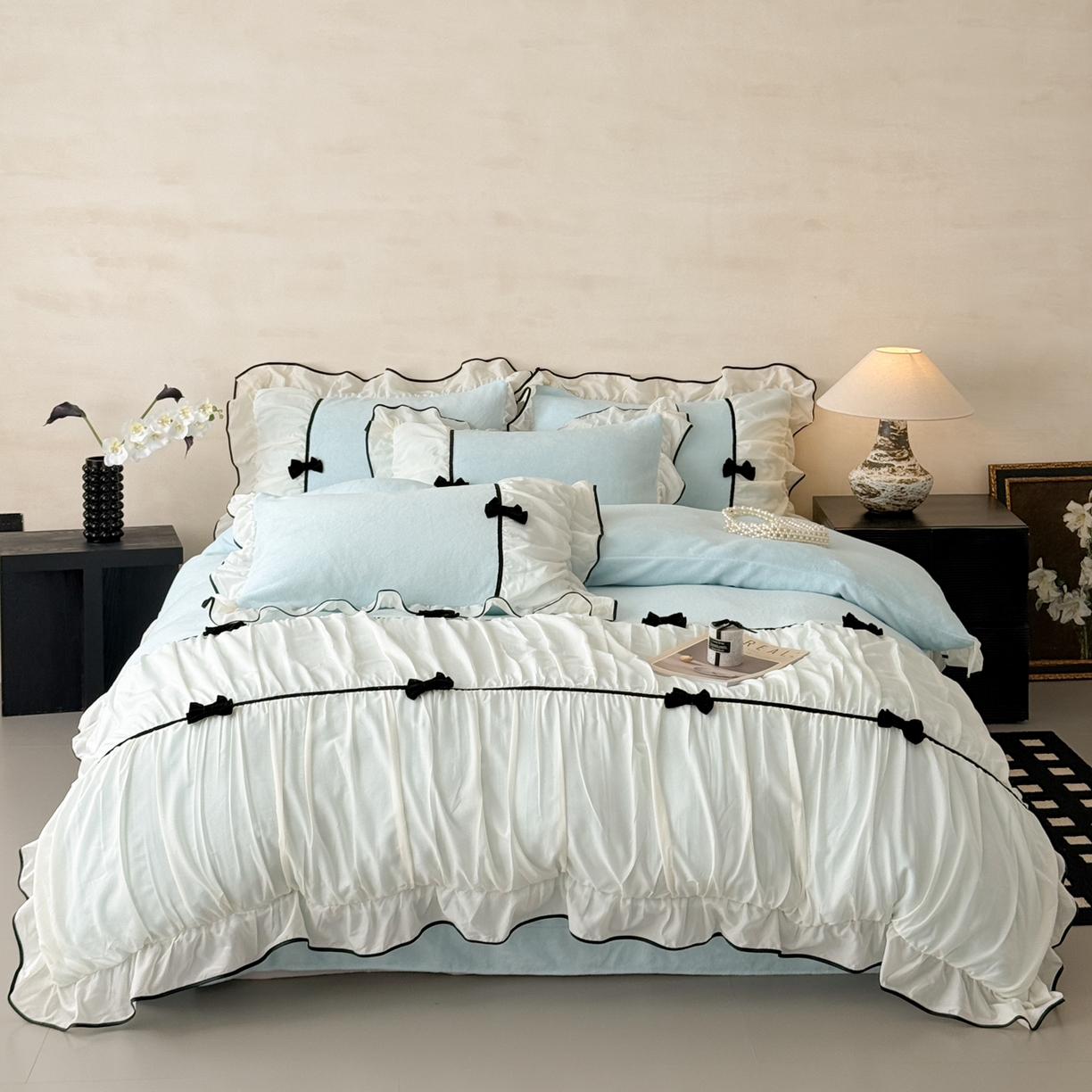 米可 2025新款牛奶绒蕾丝花边四件套韩版法式公主风四件套~  安琪儿系列 安琪儿~蓝