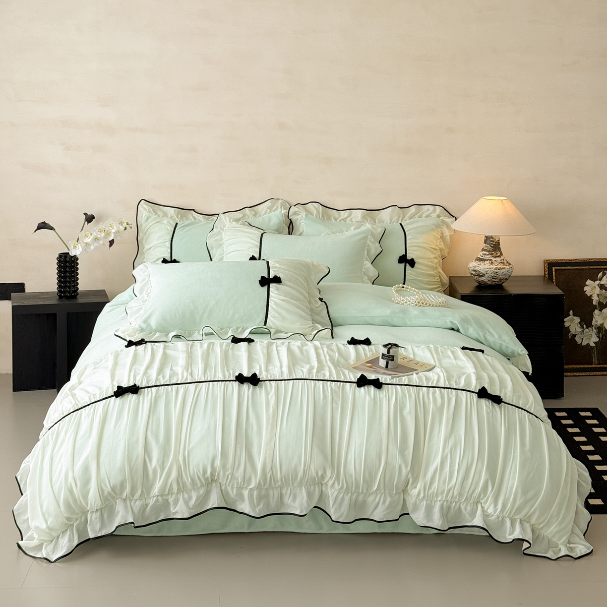 米可 2025新款牛奶绒蕾丝花边四件套韩版法式公主风四件套~  安琪儿系列 安琪儿~绿