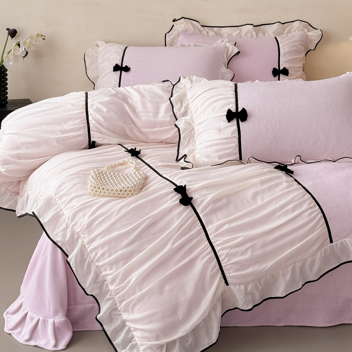 91家纺网 家纺一手货源 找家纺 米可 2025新款牛奶绒蕾丝花边四件套韩版法式公主风四件套~  安琪儿系列 安琪儿~紫