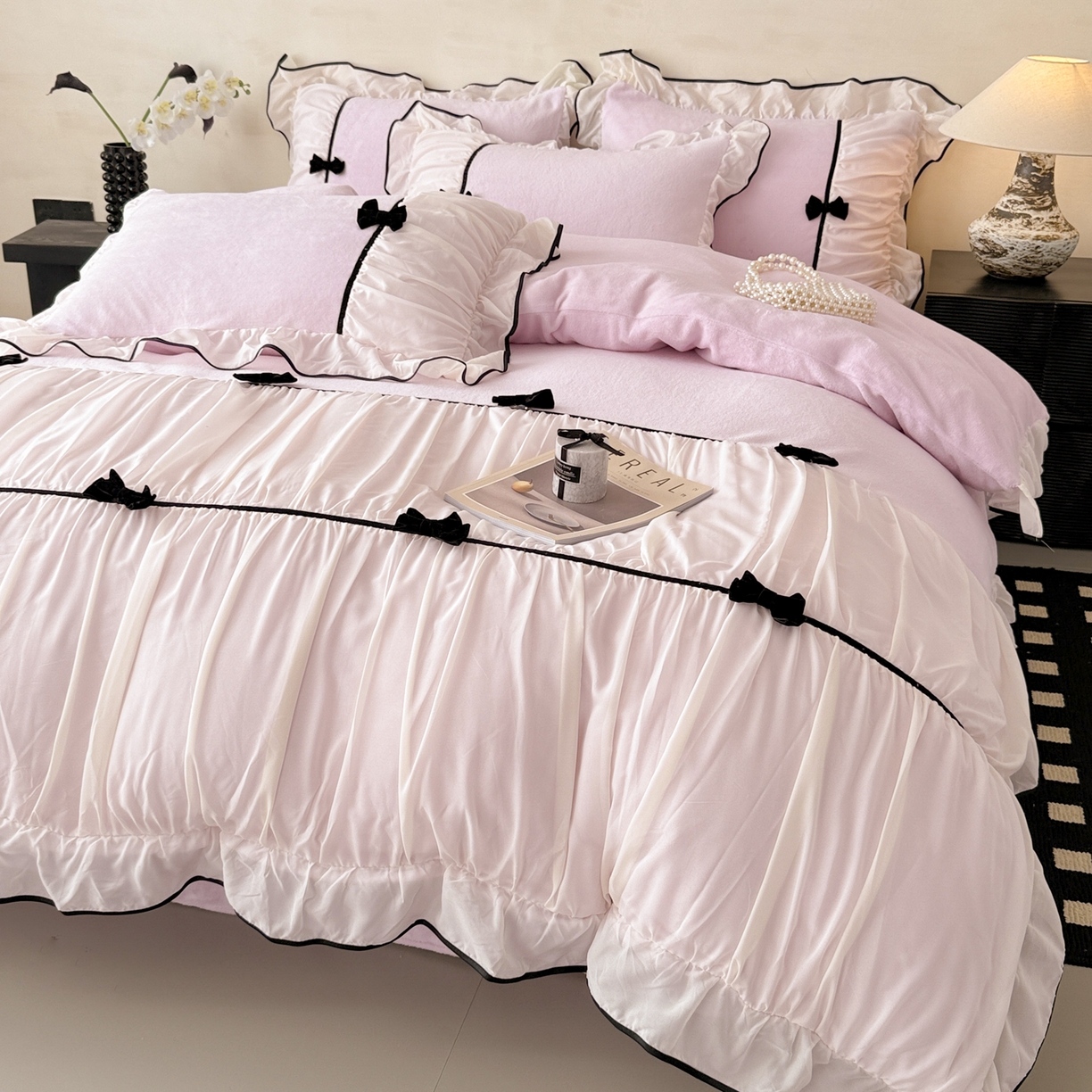 91家纺网 家纺一手货源 找家纺 米可 2025新款牛奶绒蕾丝花边四件套韩版法式公主风四件套~  安琪儿系列 安琪儿~紫