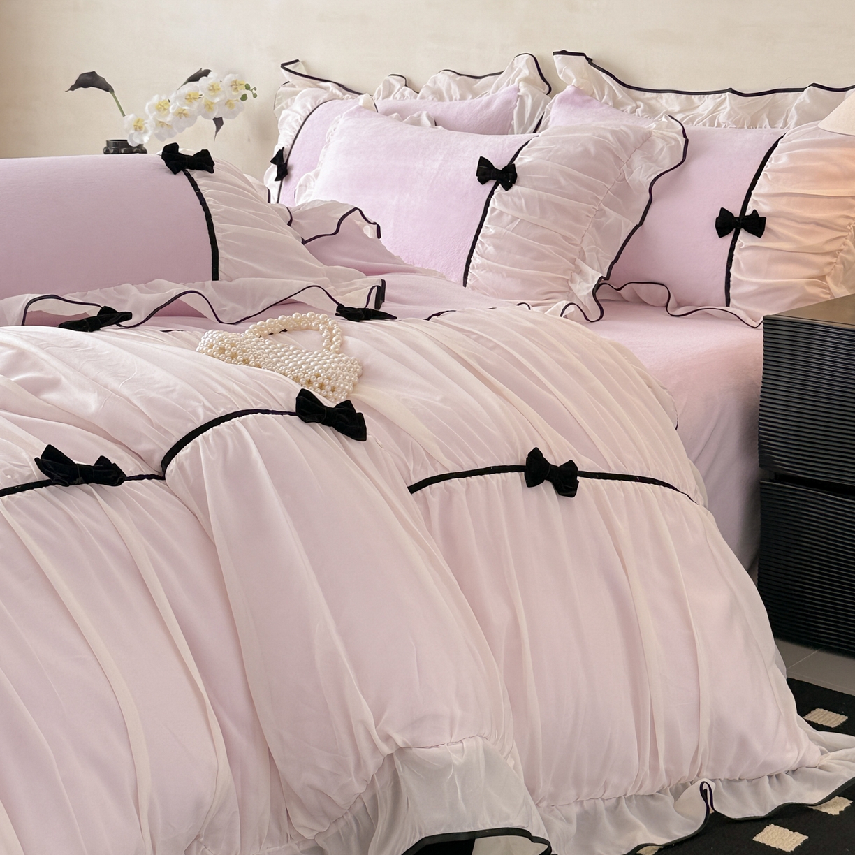 91家纺网 家纺一手货源 找家纺 米可 2025新款牛奶绒蕾丝花边四件套韩版法式公主风四件套~  安琪儿系列 安琪儿~紫