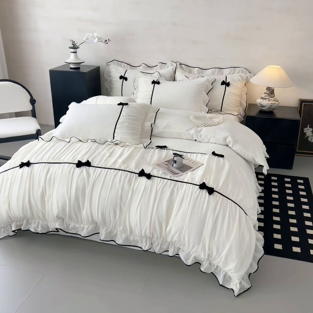 91家纺网 家纺一手货源 找家纺 米可 2025新款牛奶绒蕾丝花边四件套韩版法式公主风四件套~  安琪儿系列 安琪儿~白