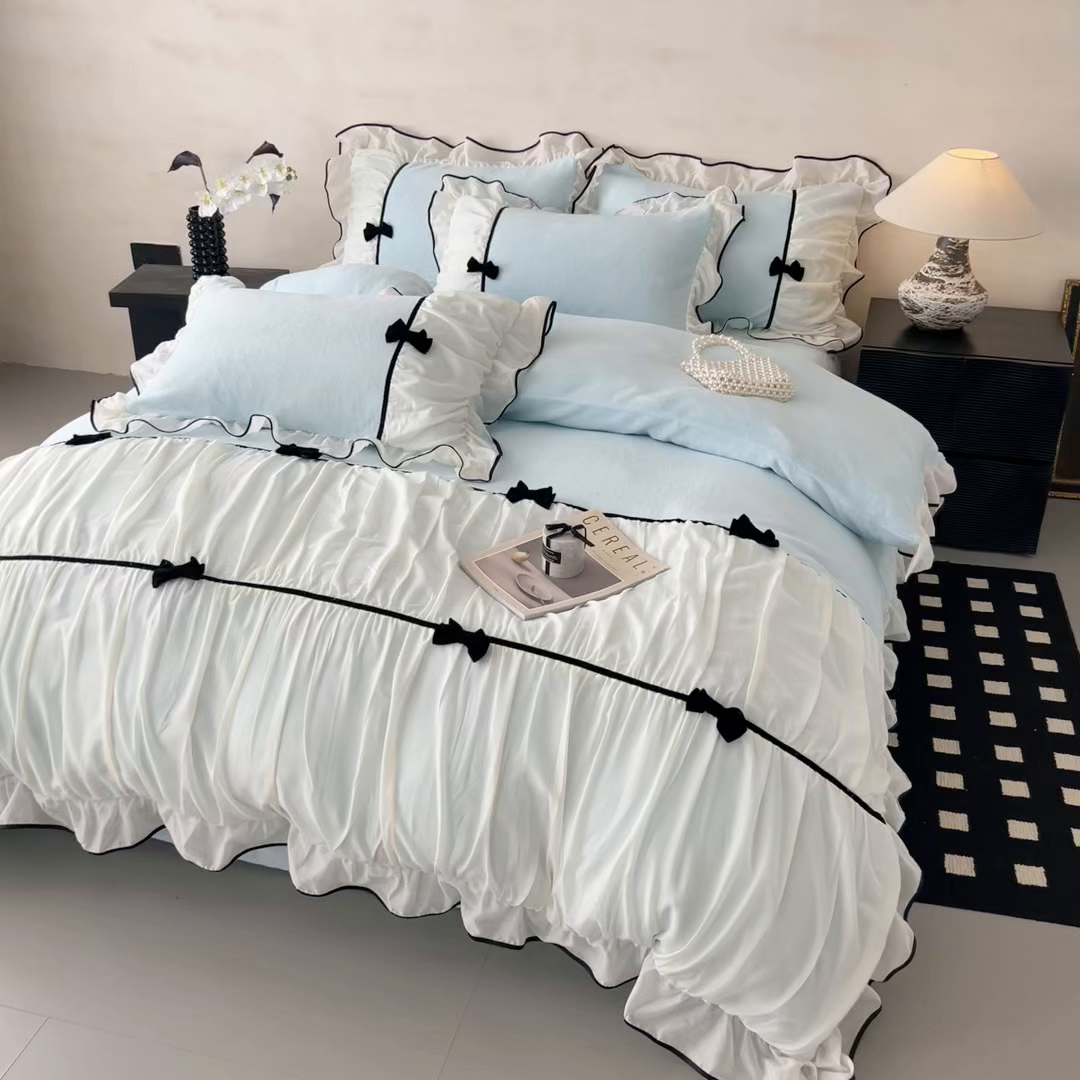 91家纺网 家纺一手货源 找家纺 米可 2025新款牛奶绒蕾丝花边四件套韩版法式公主风四件套~  安琪儿系列 安琪儿~蓝