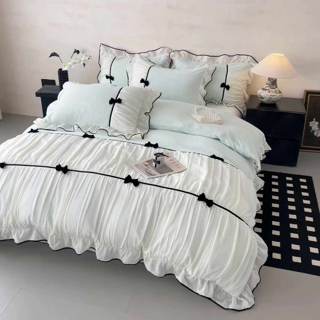 91家纺网 家纺一手货源 找家纺 米可 2025新款牛奶绒蕾丝花边四件套韩版法式公主风四件套~  安琪儿系列 安琪儿~绿