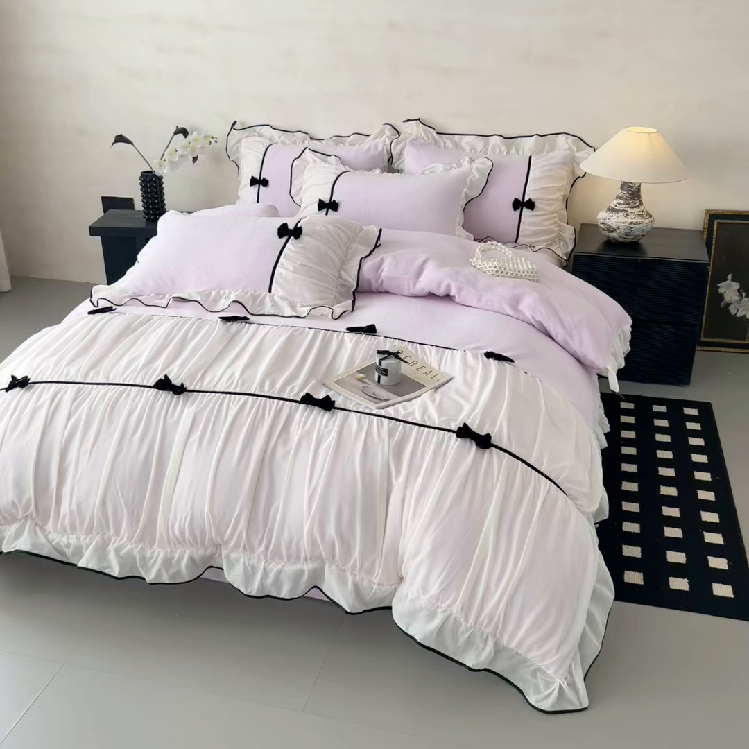 91家纺网 家纺一手货源 找家纺 米可 2025新款牛奶绒蕾丝花边四件套韩版法式公主风四件套~  安琪儿系列 安琪儿~紫