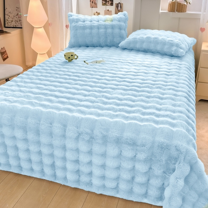 91家纺网 家纺一手货源 找家纺 麒东家纺 2025新款加厚纯色兔毛绒泡泡单床单 天蓝