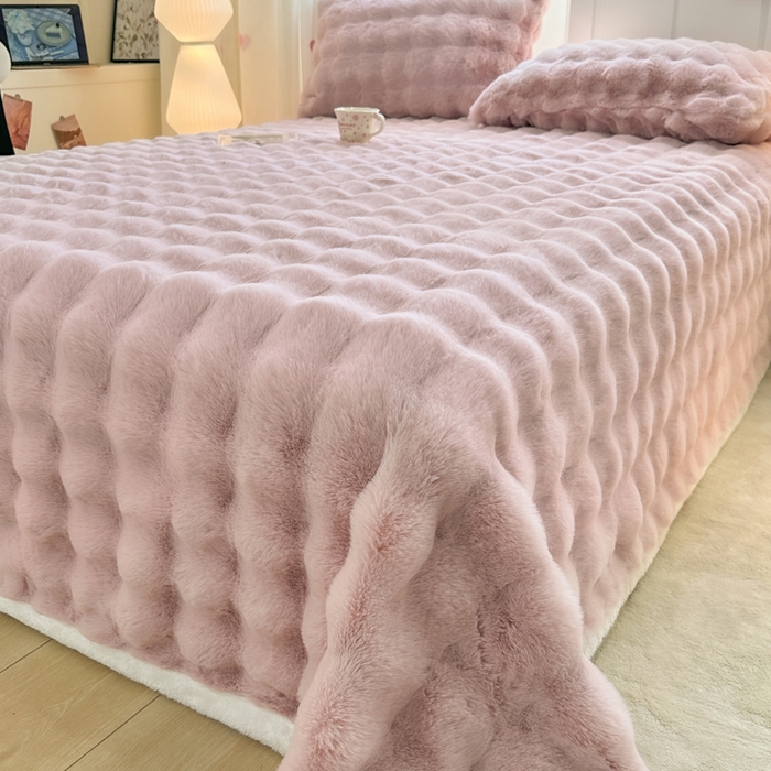 麒东家纺 2025新款加厚纯色兔毛绒泡泡单床单 粉色