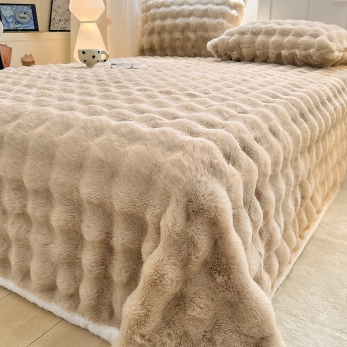 麒东家纺 2025新款加厚纯色兔毛绒泡泡单床单 咖色