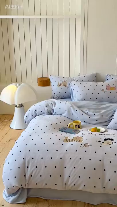 91家纺网 家纺一手货源 找家纺 优悦生活馆 2025新款牛奶绒卡通印花刺绣四件套系列 波点猫-蓝