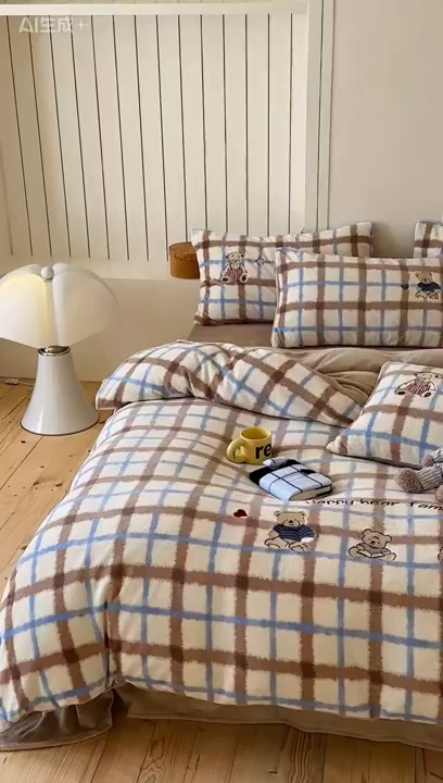 91家纺网 家纺一手货源 找家纺 优悦生活馆 2025新款牛奶绒卡通印花刺绣四件套系列 格子熊-咖