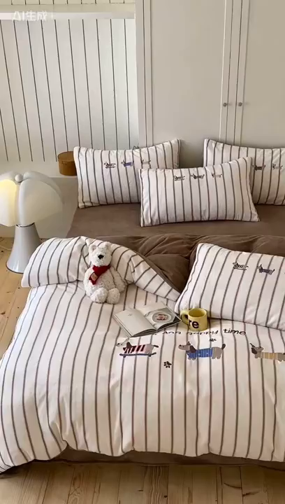 91家纺网 家纺一手货源 找家纺 优悦生活馆 2025新款牛奶绒卡通印花刺绣四件套系列 条纹狗-咖