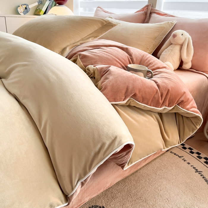 九沐良品 2025新款加厚婴儿绒牛奶绒四件套工艺款宝宝绒四件套 米驼+奶油橘