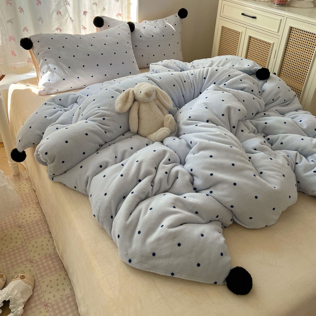 91家纺网 家纺一手货源 找家纺 顾里家纺 2025新款chic波点牛奶绒毛球套件 蓝波点