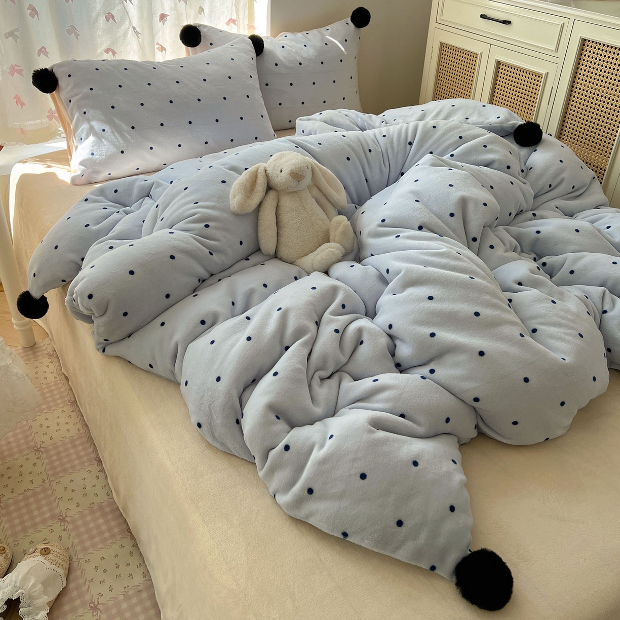 顾里家纺 2025新款chic波点牛奶绒毛球套件 蓝波点