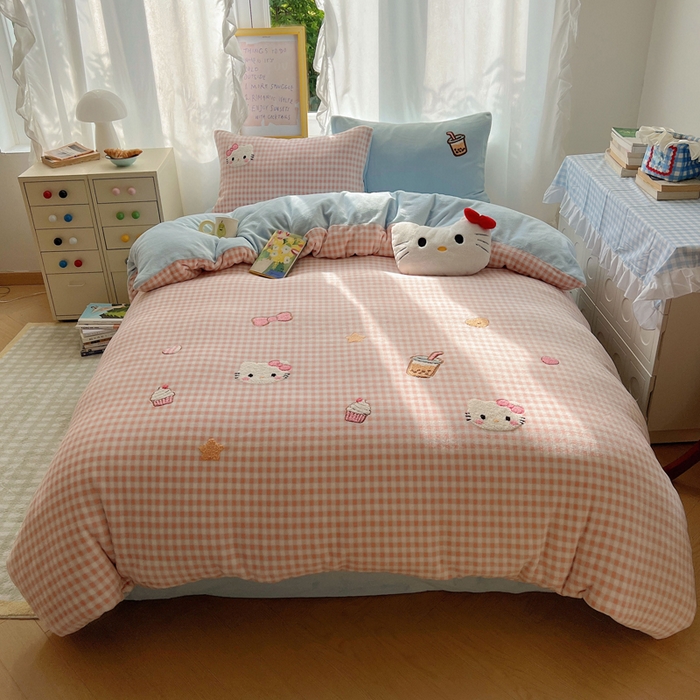 雨帆家纺 2025新款亲肤舒适可爱卡通牛奶绒毛巾绣四件套 奶茶猫咪