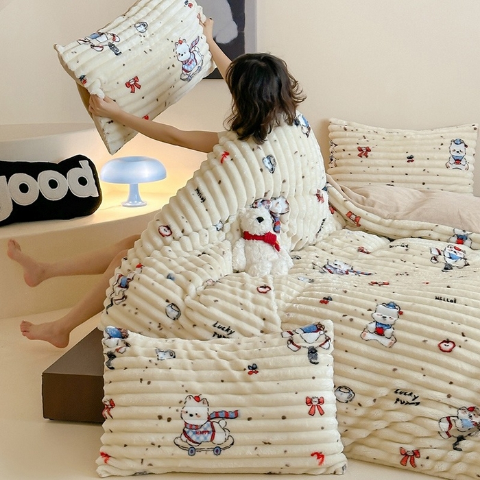 91家纺网 家纺一手货源 找家纺 （总）RYB红黄兰 2025新款设计师原创A版抽条兔兔绒B版牛奶绒印花四件套,咖色潦草狗,波点黑猫,包装展示图,星星蝴蝶结,蓝色兔兔,奶油西高地