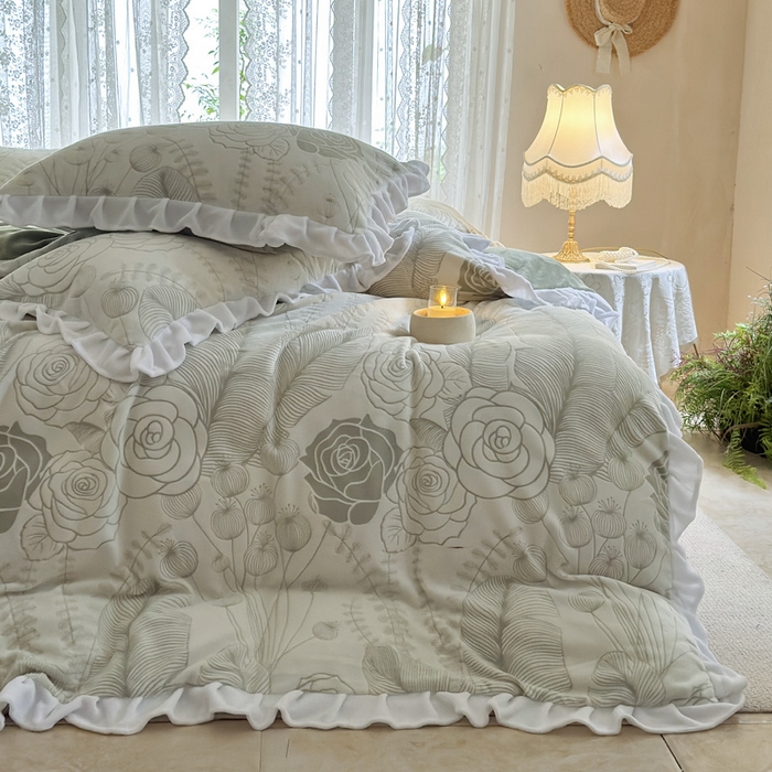 91家纺网 家纺一手货源 找家纺 野合家纺 2025新款加厚雕花牛奶绒床盖款四件套半夏风情-绿