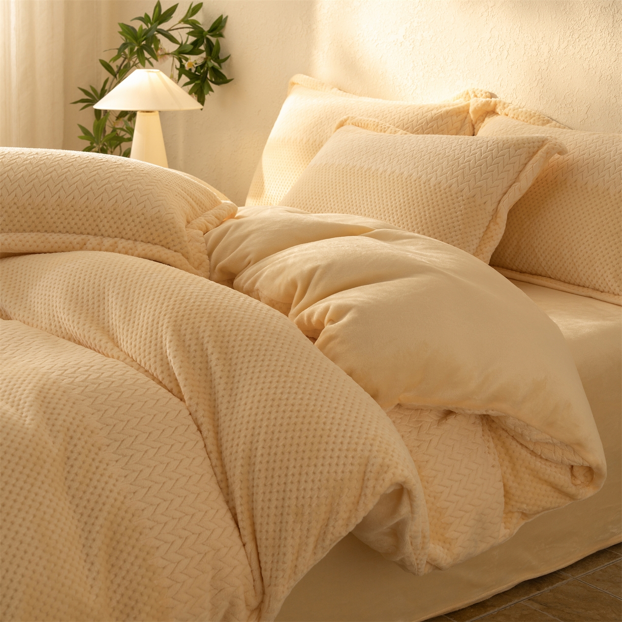 91家纺网 家纺一手货源 找家纺 （总）源舍家纺 2025新款色织拼色编织提花轻奢牛奶绒四件套（场景二）