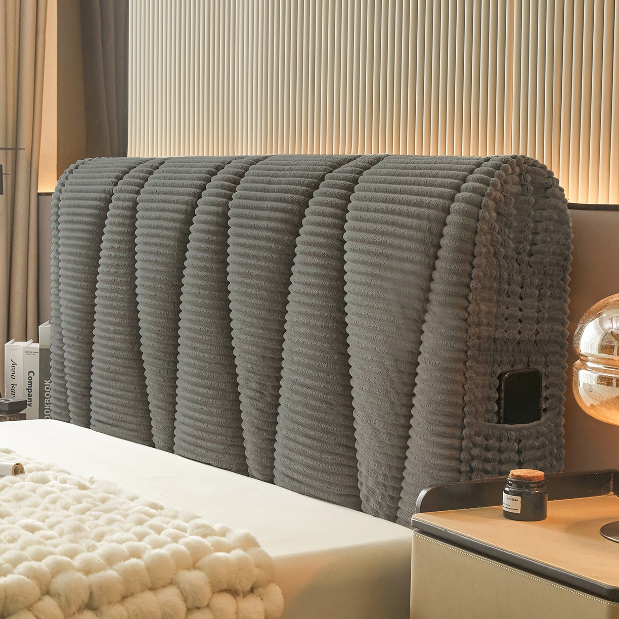 情恒家纺 2025新款兔兔绒抽条加厚床头罩 月光灰