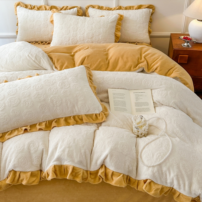 野合家纺 2025新款法式A类雕花牛奶绒韩版公主风四件套床盖款床单款床笠款 山茶花-象牙白