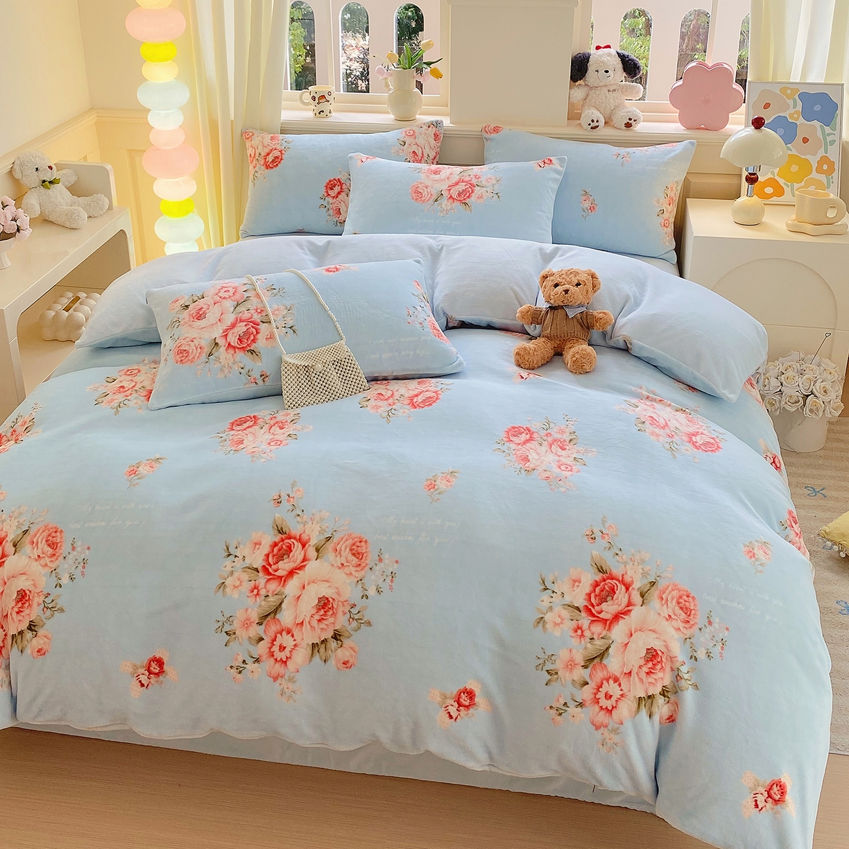 91家纺网 家纺一手货源 找家纺 悦织湾家纺 2025新款高克重牛奶绒印花四件套床单床笠轻奢时尚床上用品三四件套被套 花开富贵