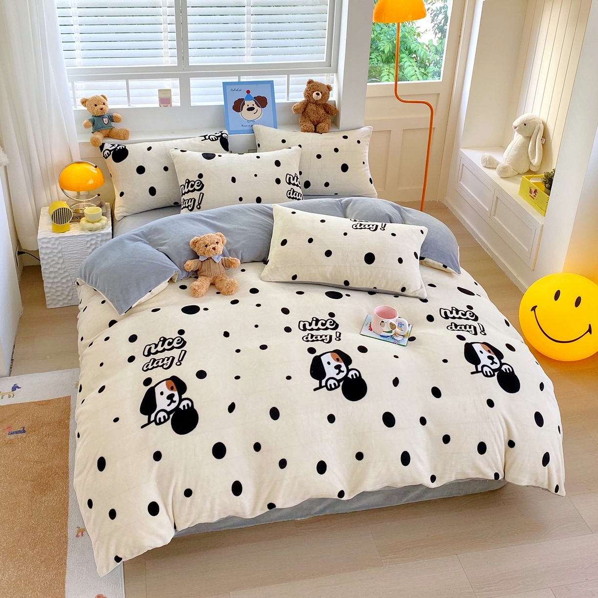 91家纺网 家纺一手货源 找家纺 悦织湾家纺 2025新款高克重牛奶绒印花四件套床单床笠轻奢时尚床上用品三四件套被套 波点狗