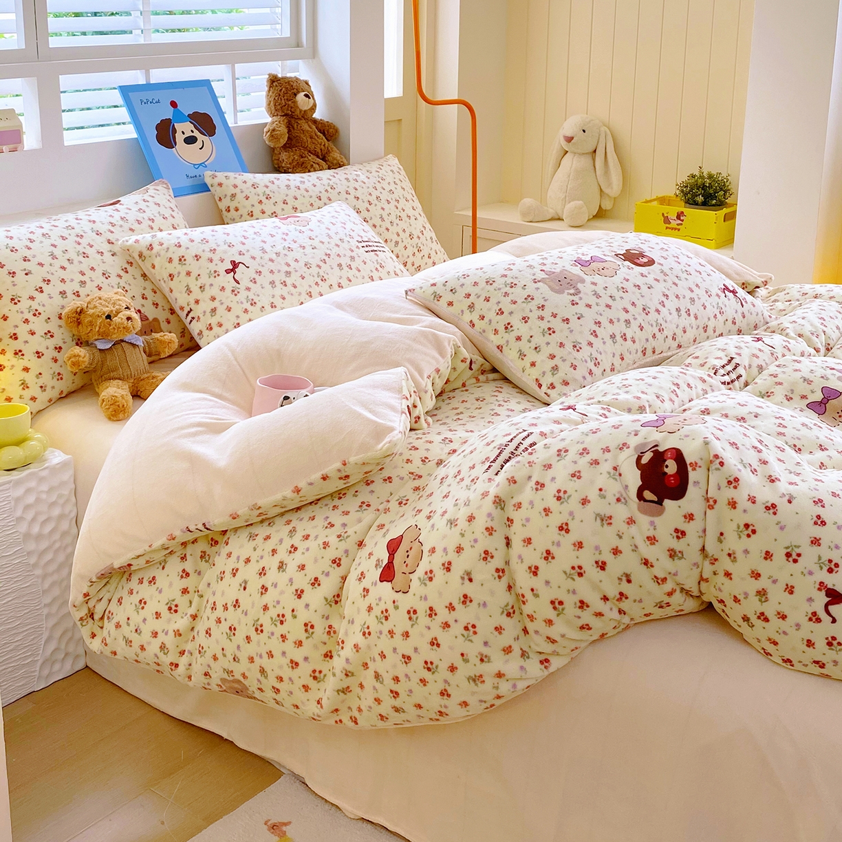 91家纺网 家纺一手货源 找家纺 悦织湾家纺 2025新款高克重牛奶绒印花四件套床单床笠轻奢时尚床上用品三四件套被套 动物乐园