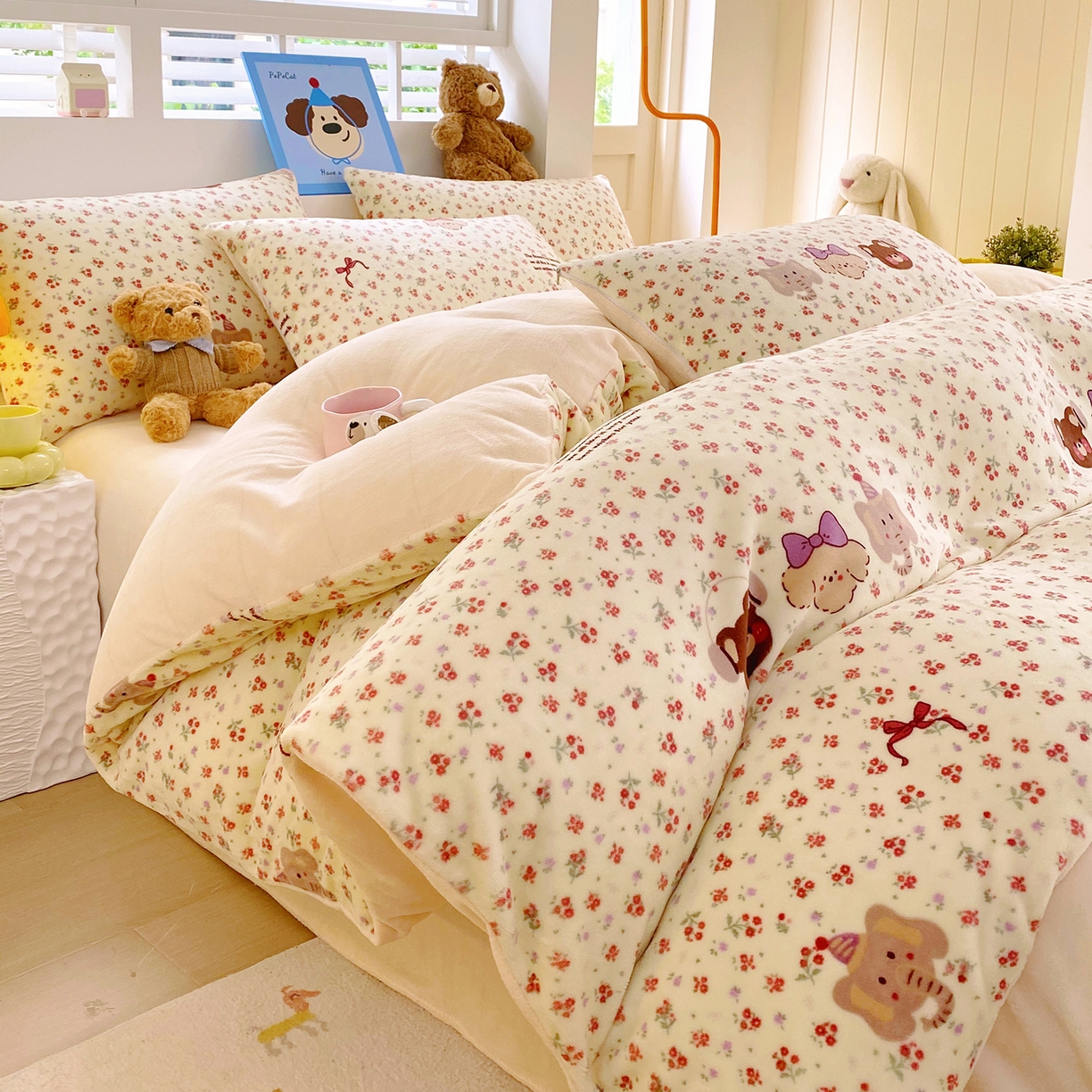 91家纺网 家纺一手货源 找家纺 悦织湾家纺 2025新款高克重牛奶绒印花四件套床单床笠轻奢时尚床上用品三四件套被套 动物乐园