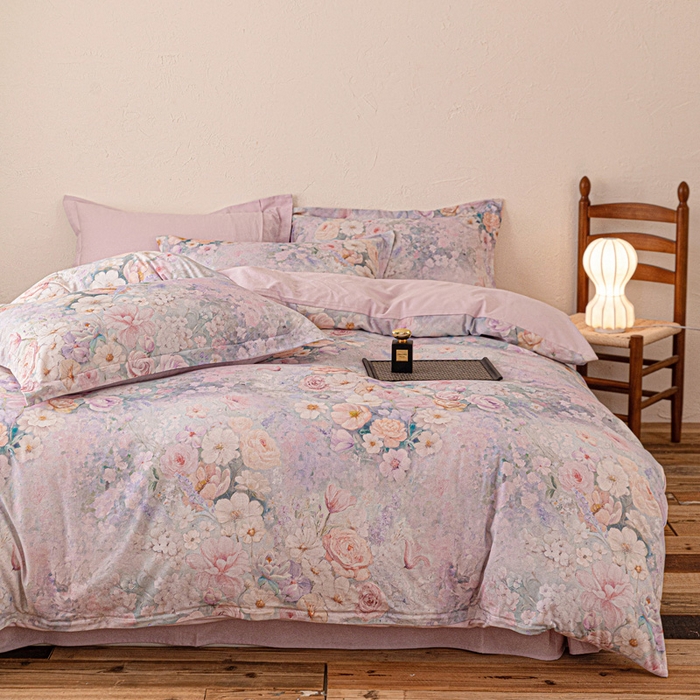 棉生活家纺 2025秋冬新款长绒棉纯棉数码印花陶瓷磨毛四件套 兮涯 紫