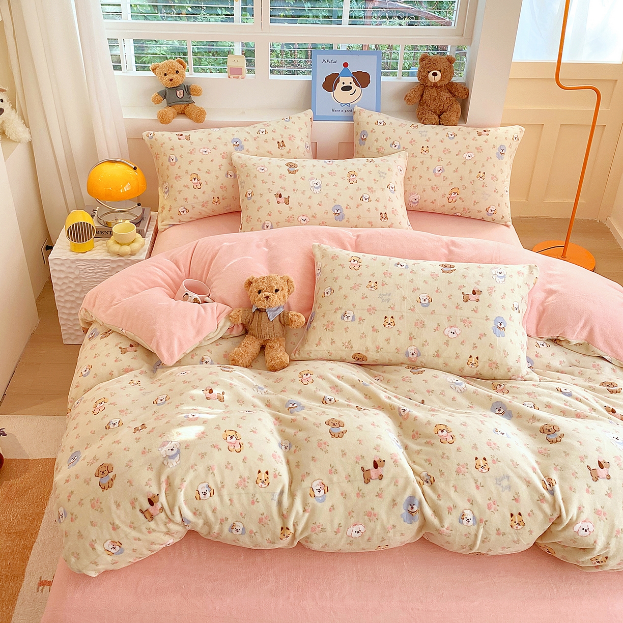 91家纺网 家纺一手货源 找家纺 悦织湾家纺 2025新款高克重牛奶绒印花四件套床单床笠轻奢时尚床上用品三四件套被套 迷你小狗