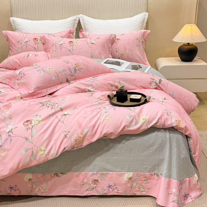 91家纺网 家纺一手货源 找家纺 凌鼎 2025新款100%全棉磨毛四件套数码印花加厚纯棉磨毛四件套缠绵粉