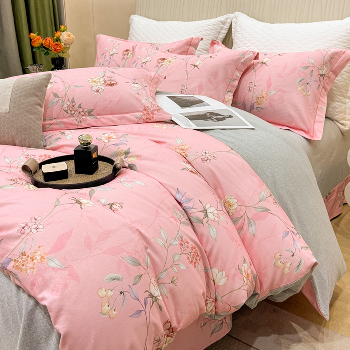 91家纺网 家纺一手货源 找家纺 凌鼎 2025新款100%全棉磨毛四件套数码印花加厚纯棉磨毛四件套缠绵粉