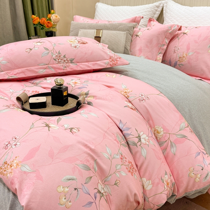 91家纺网 家纺一手货源 找家纺 凌鼎 2025新款100%全棉磨毛四件套数码印花加厚纯棉磨毛四件套缠绵粉