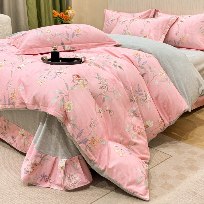 91家纺网 家纺一手货源 找家纺 凌鼎 2025新款100%全棉磨毛四件套数码印花加厚纯棉磨毛四件套缠绵粉