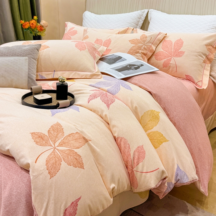 91家纺网 家纺一手货源 找家纺 凌鼎 2025新款100%全棉磨毛四件套数码印花加厚纯棉磨毛四件套花叶之夏