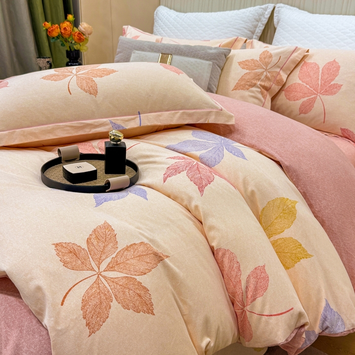 91家纺网 家纺一手货源 找家纺 凌鼎 2025新款100%全棉磨毛四件套数码印花加厚纯棉磨毛四件套花叶之夏