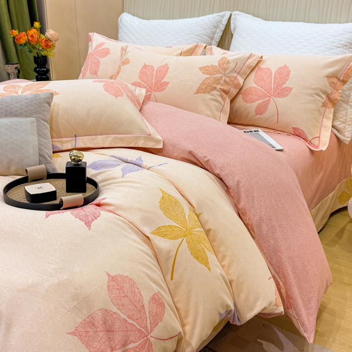 91家纺网 家纺一手货源 找家纺 凌鼎 2025新款100%全棉磨毛四件套数码印花加厚纯棉磨毛四件套花叶之夏