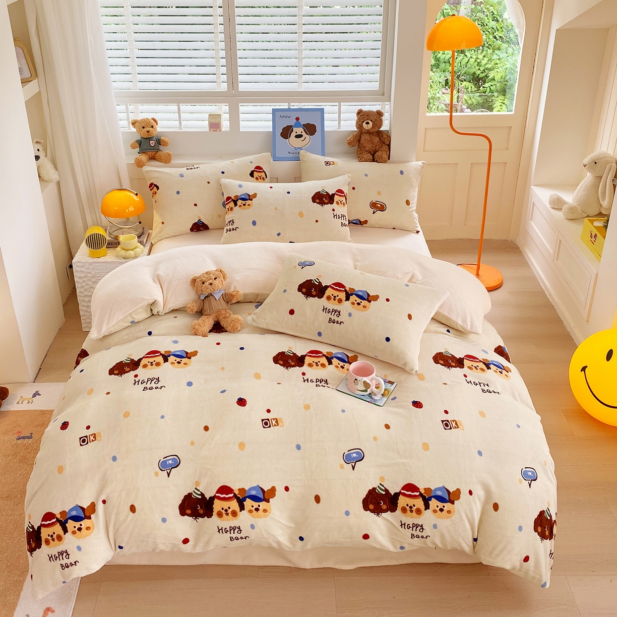 悦织湾家纺 2025新款高克重牛奶绒印花四件套床单床笠轻奢时尚床上用品三四件套被套 旺旺狗