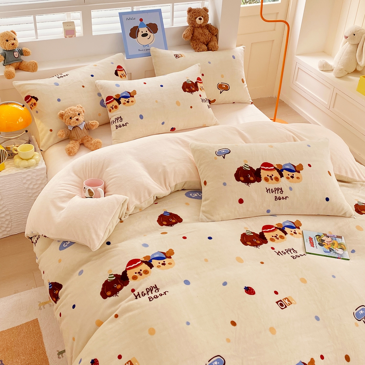 91家纺网 家纺一手货源 找家纺 悦织湾家纺 2025新款高克重牛奶绒印花四件套床单床笠轻奢时尚床上用品三四件套被套 旺旺狗