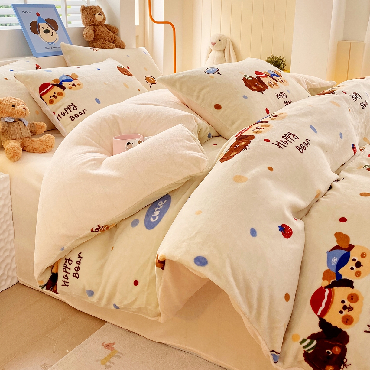 91家纺网 家纺一手货源 找家纺 悦织湾家纺 2025新款高克重牛奶绒印花四件套床单床笠轻奢时尚床上用品三四件套被套 旺旺狗