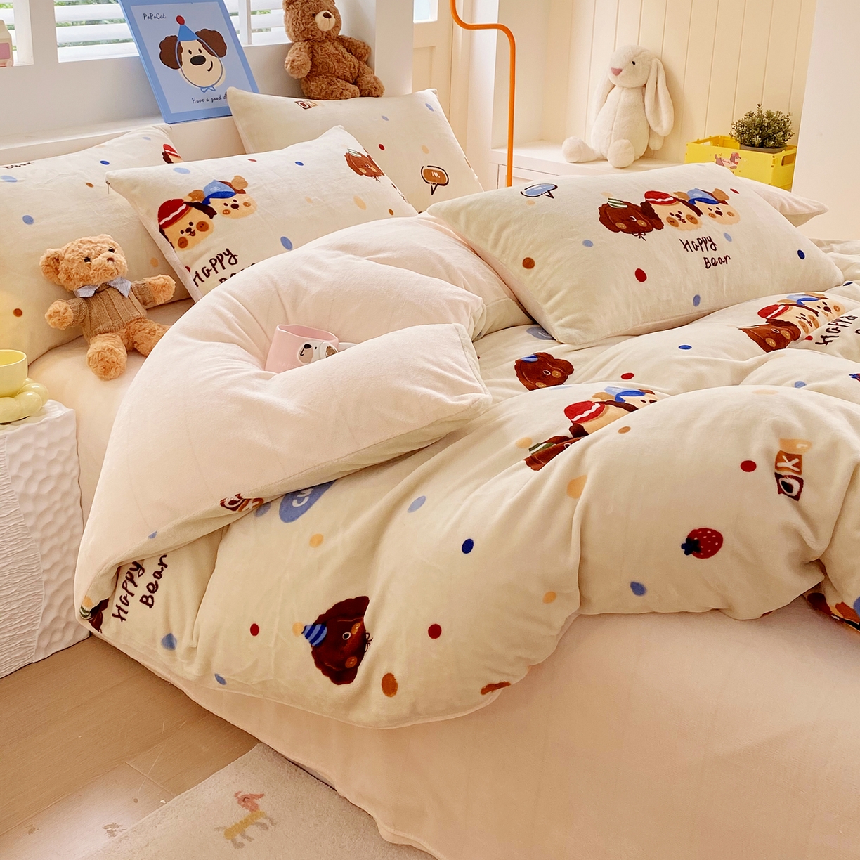 91家纺网 家纺一手货源 找家纺 悦织湾家纺 2025新款高克重牛奶绒印花四件套床单床笠轻奢时尚床上用品三四件套被套 旺旺狗