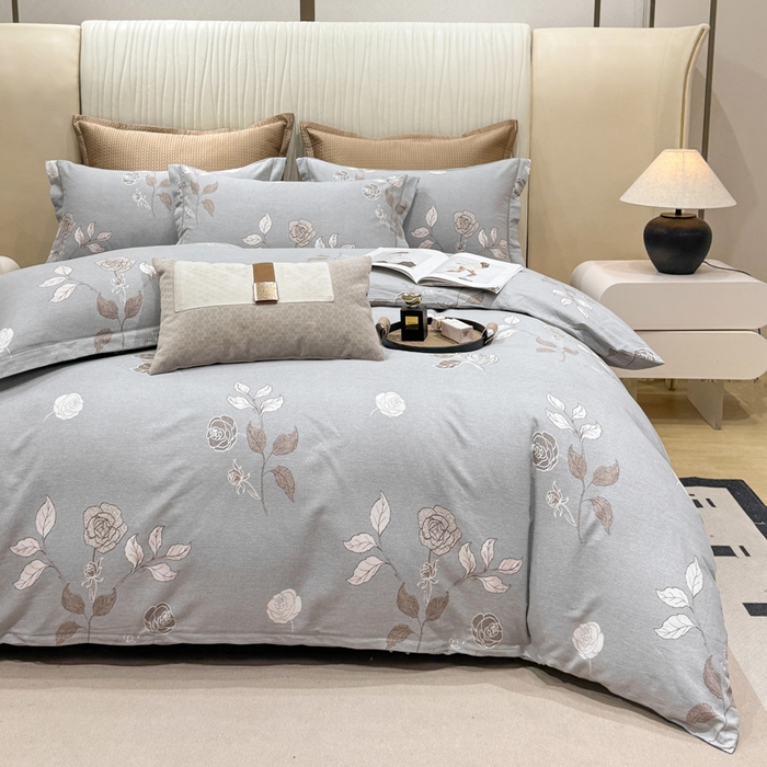 91家纺网 家纺一手货源 找家纺 凌鼎 2025新款100%全棉磨毛四件套数码印花加厚纯棉磨毛四件套玫瑰爱恋灰