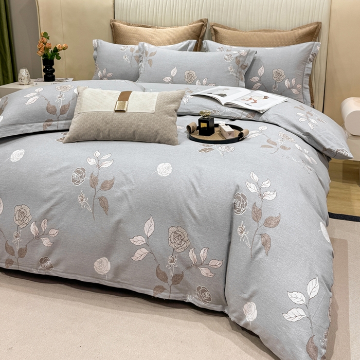 91家纺网 家纺一手货源 找家纺 凌鼎 2025新款100%全棉磨毛四件套数码印花加厚纯棉磨毛四件套玫瑰爱恋灰