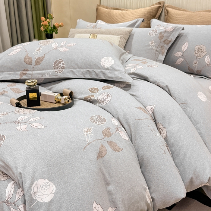 91家纺网 家纺一手货源 找家纺 凌鼎 2025新款100%全棉磨毛四件套数码印花加厚纯棉磨毛四件套玫瑰爱恋灰