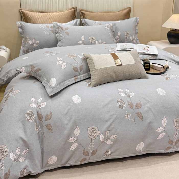 91家纺网 家纺一手货源 找家纺 凌鼎 2025新款100%全棉磨毛四件套数码印花加厚纯棉磨毛四件套玫瑰爱恋灰