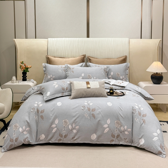 凌鼎 2025新款100%全棉磨毛四件套数码印花加厚纯棉磨毛四件套玫瑰爱恋灰